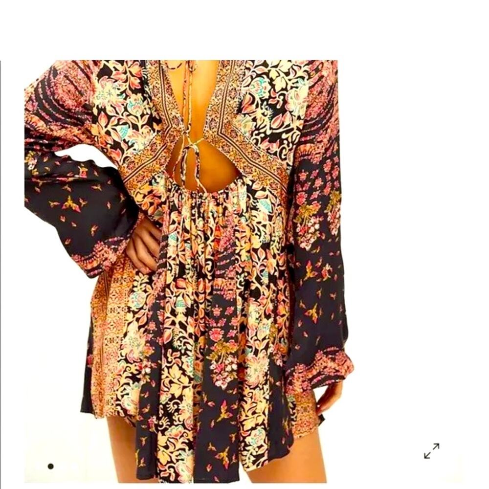 Free People Dress Stevie NWT Floral Black Printed Mini Tunic Bell Sleeves XS - Picture 5 of 8